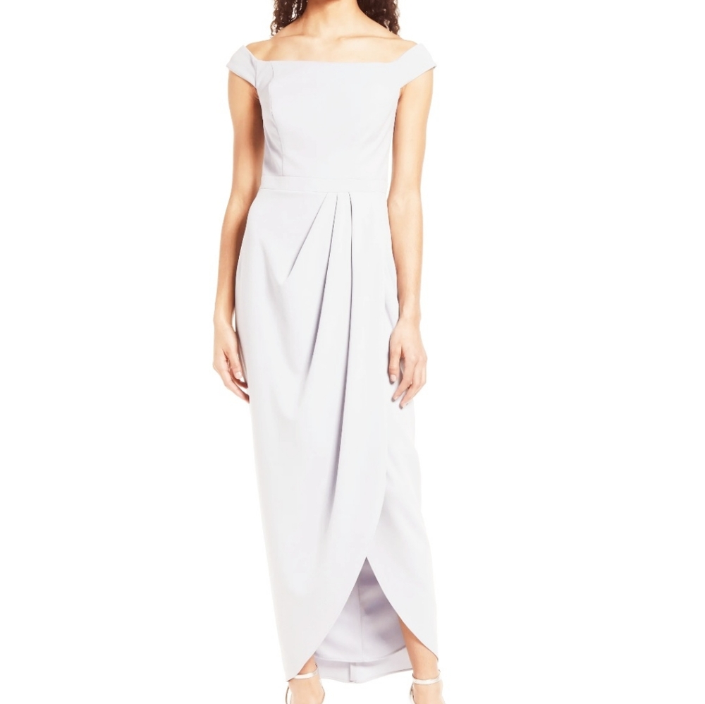 NWT/ XSCAPE/ Off the Shoulder Wrap Front Scuba Crepe Gown/ 6